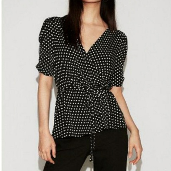 Express Tops - Polka Dot Ruched Sleeve Surplice Top